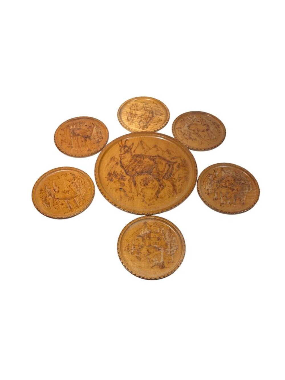 Wooden Coasters Set Of 6 with Storage Plate Forest Cabin & Animals Vintage Rusti